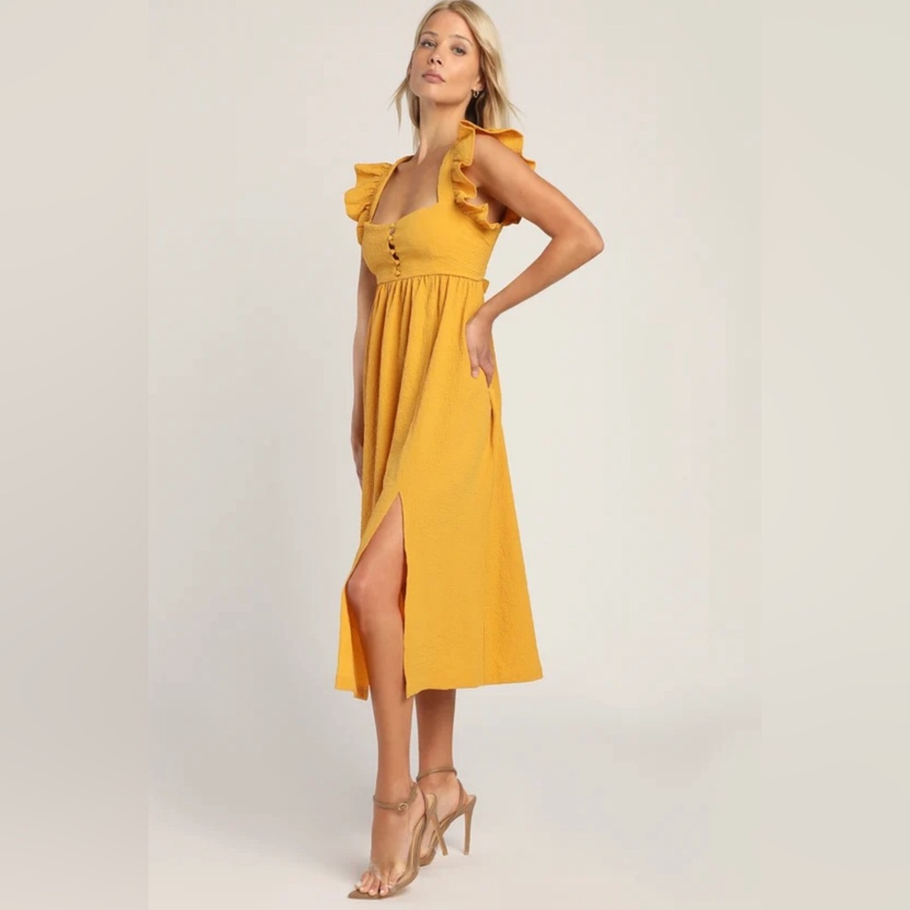Springtime Splendor Marigold Ruffle Backless Midi Dress - Picture 2 of 5